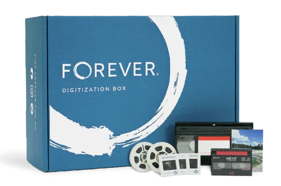A Small FOREVER Digitzation Box with some media to be digitized and a tablet showing the end result.