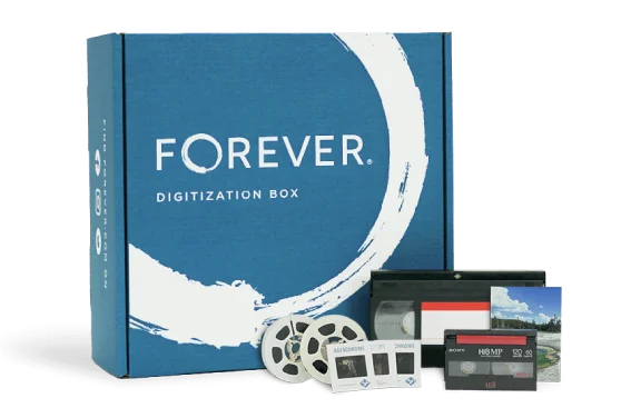 A Small FOREVER Digitzation Box with some media to be digitized and a tablet showing the end result.