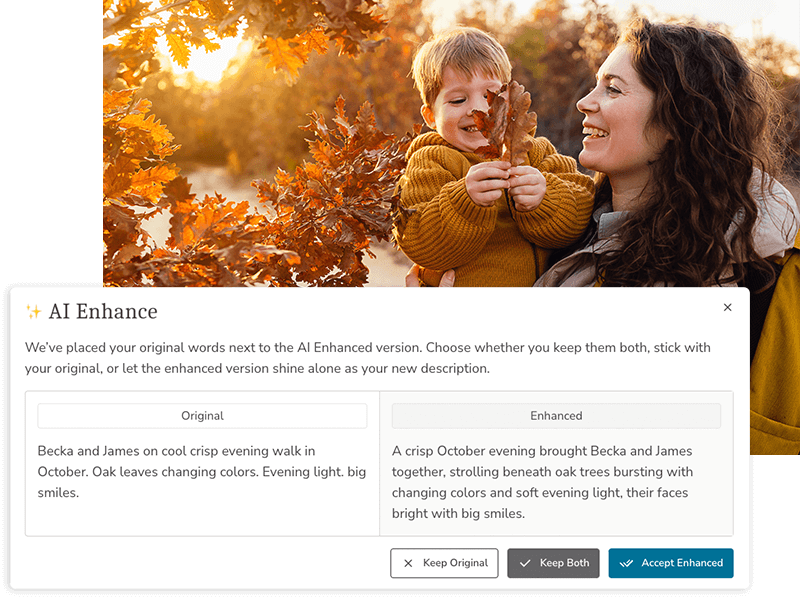 Elderly woman waving from a green vintage truck with an AI Enhance text box overlay in the foreground.