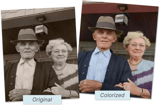 Side-by-side comparison of an old couple, with the original black-and-white photo on the left and the colorized version on the right.