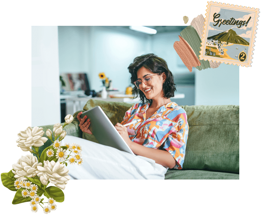 A woman smiles while sitting on a couch, holding a tablet. She wears glasses and a colorful shirt, with a vintage postcard and floral decorations around the image.