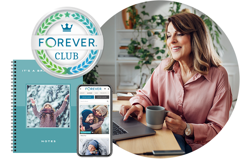 A woman enjoying a cup of coffee signs up for FOREVER Club.