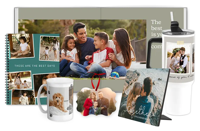 Custom photo products including spiral photo book, mug, water bottle, ornament, and photo card with family images.