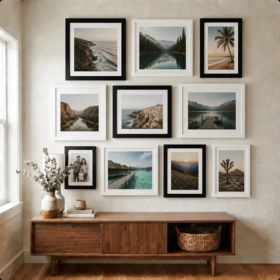 Gallery wall of nine framed travel and nature photos above a wood console table with a vase of eucalyptus and a woven basket.